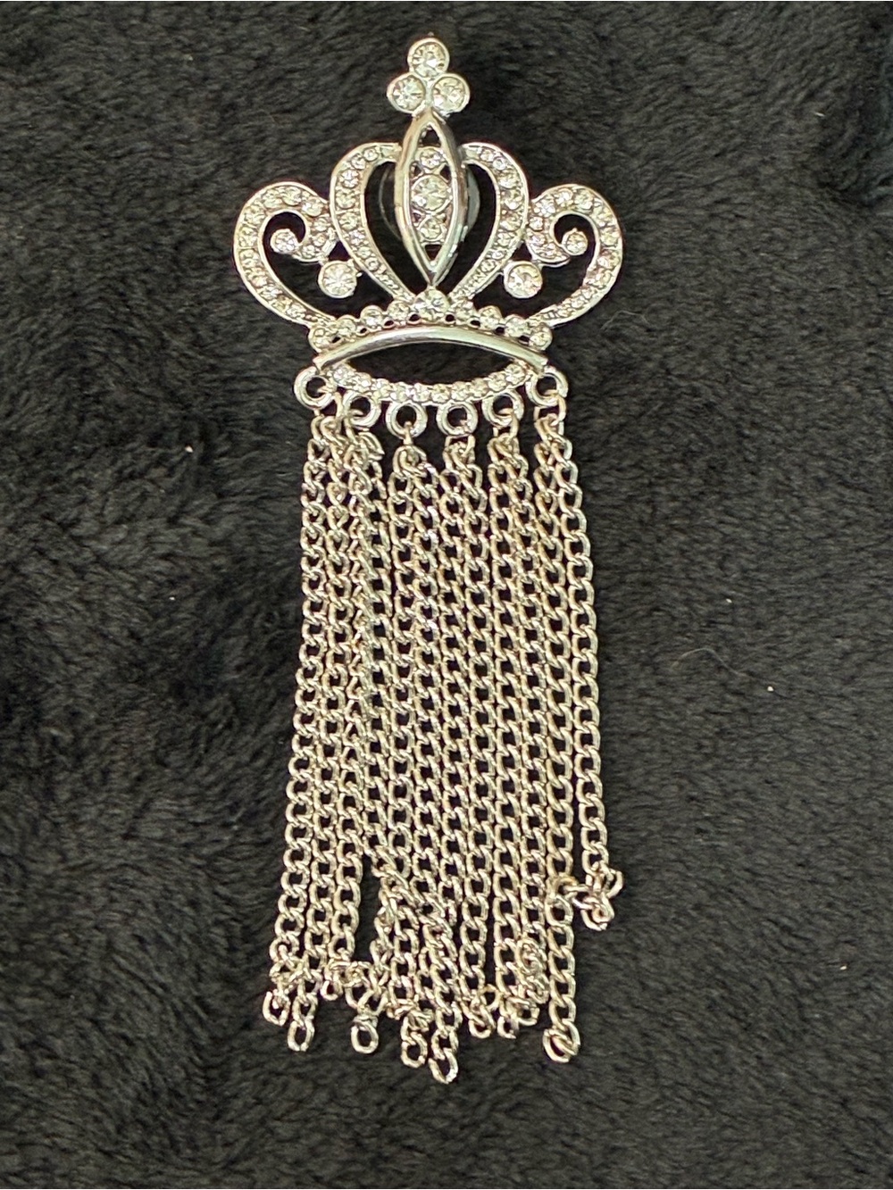 Silver-Tone Crown Brooch with Chain Fringe - Elegant Women’s Accessory